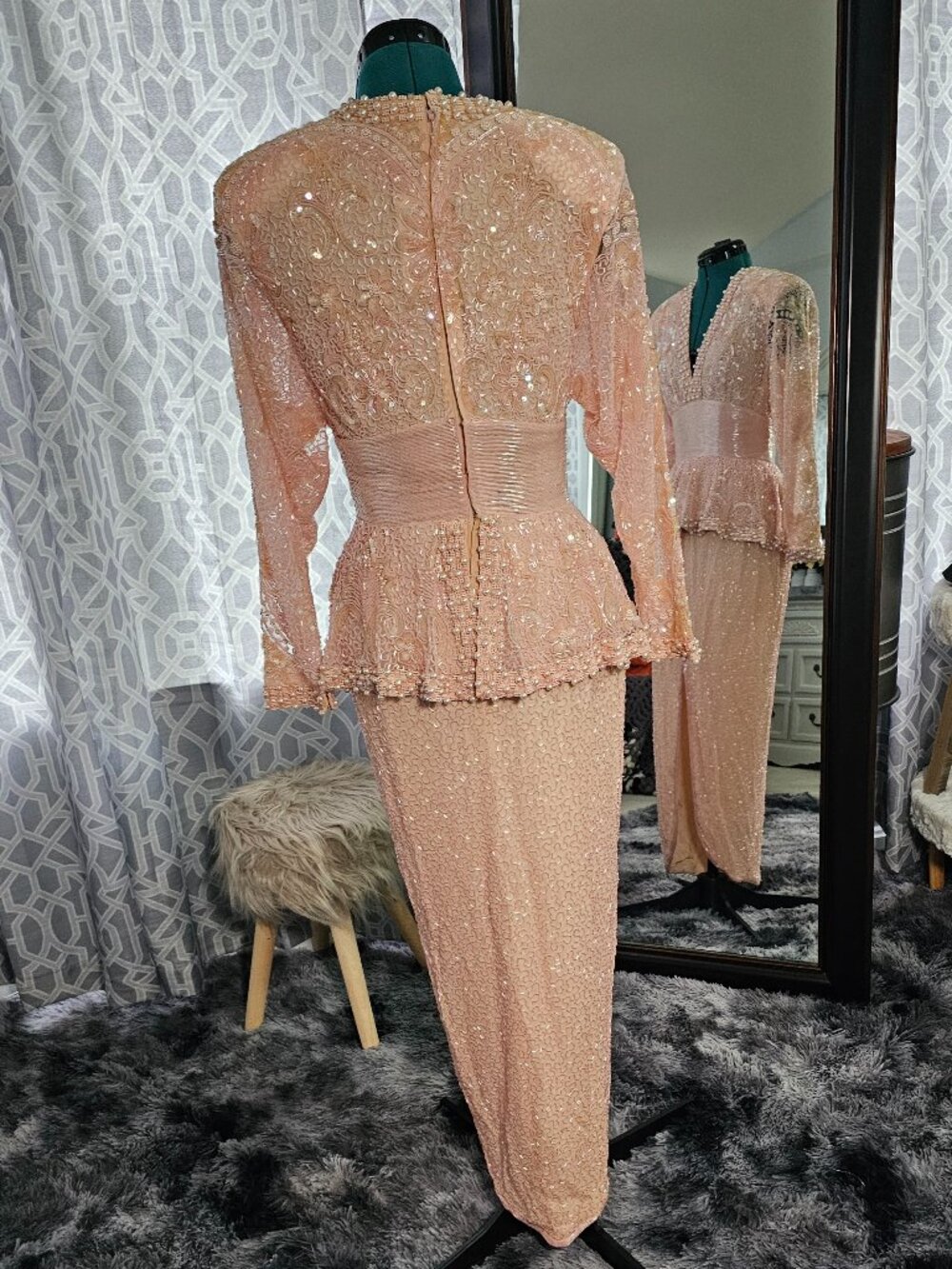 Lillie Rubin x Riazee New York Vintage 1980s Blush Beaded Evening Gown, Size S - Picture 3 of 8
